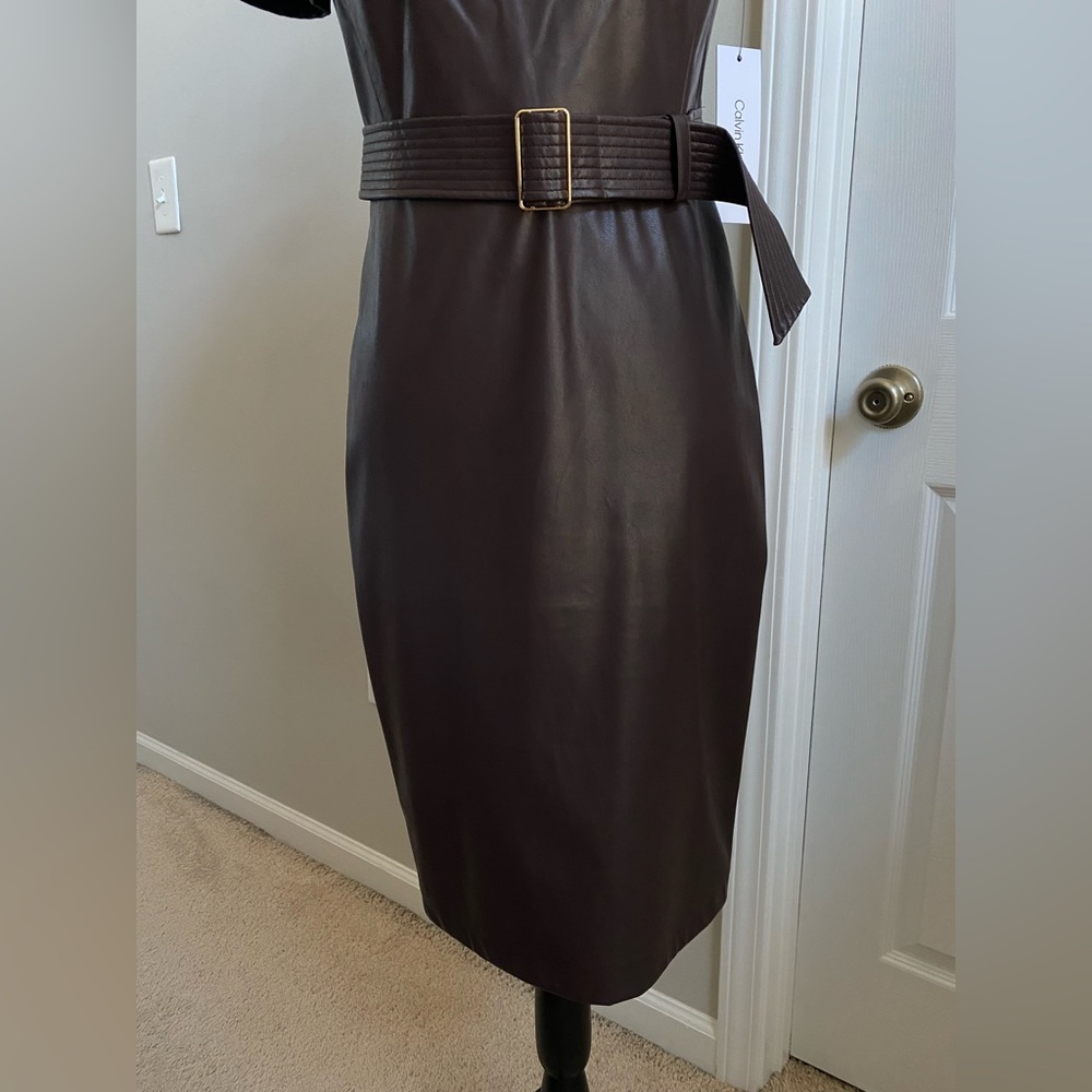 NWT Calvin Klein Belted Faux Leather Sheath Dress - Espresso Brown - Picture 5 of 16